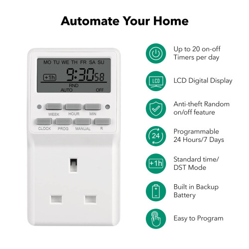 7 Day Digital Timer with Countdown Setting,Heavy Duty Electrical Socket Plug,20 ON/Off Weekly Settings for Lamp Light,24 1