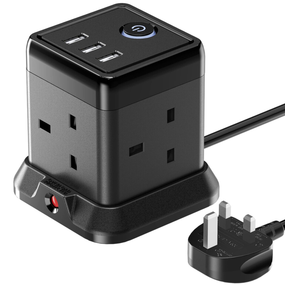 3M Cube Extension Lead With 3 Slots 4 Gang Plug Socket With Switch 4 Way Power Strip With 3 Usb Port 3 Metre Extension 796062214058