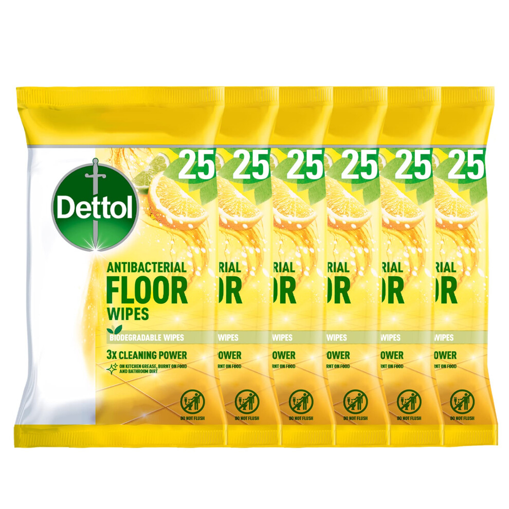 Antibacterial Floor Wipes, Biodegradable Wipes, Citrus Zest, Multipack Of 6 x 25 Cleaning Wipes