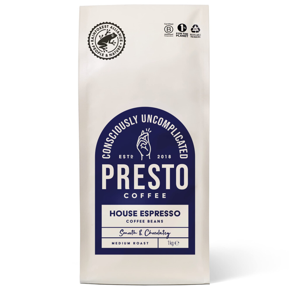 Coffee House Espresso Speciality Coffee Beans 1kg Medium Roast (4/5) Tasting Notes of Chocolate and Almond Rain Forest