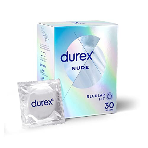 Durex Nude Condoms, Regular Fit, 30s, Extra Thin, Easy On Shape, Secure, Higher Protection, With Silicone Lube
