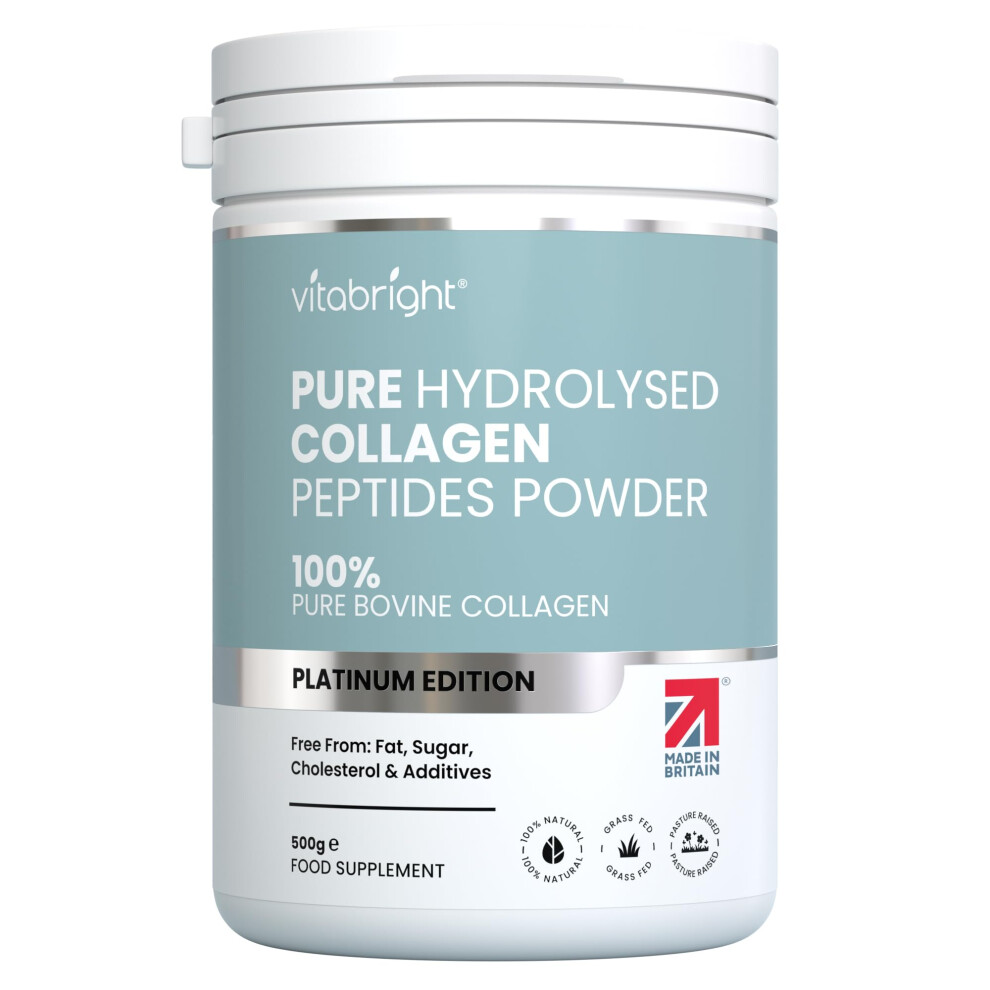 Vitabright Bovine Collagen Peptides Powder 500G, 50 Servings, 100% Pure Hydrolysed Type I & Iii, 19 Amino Acids + Bcaas, Halal & Kosher, Made In Uk