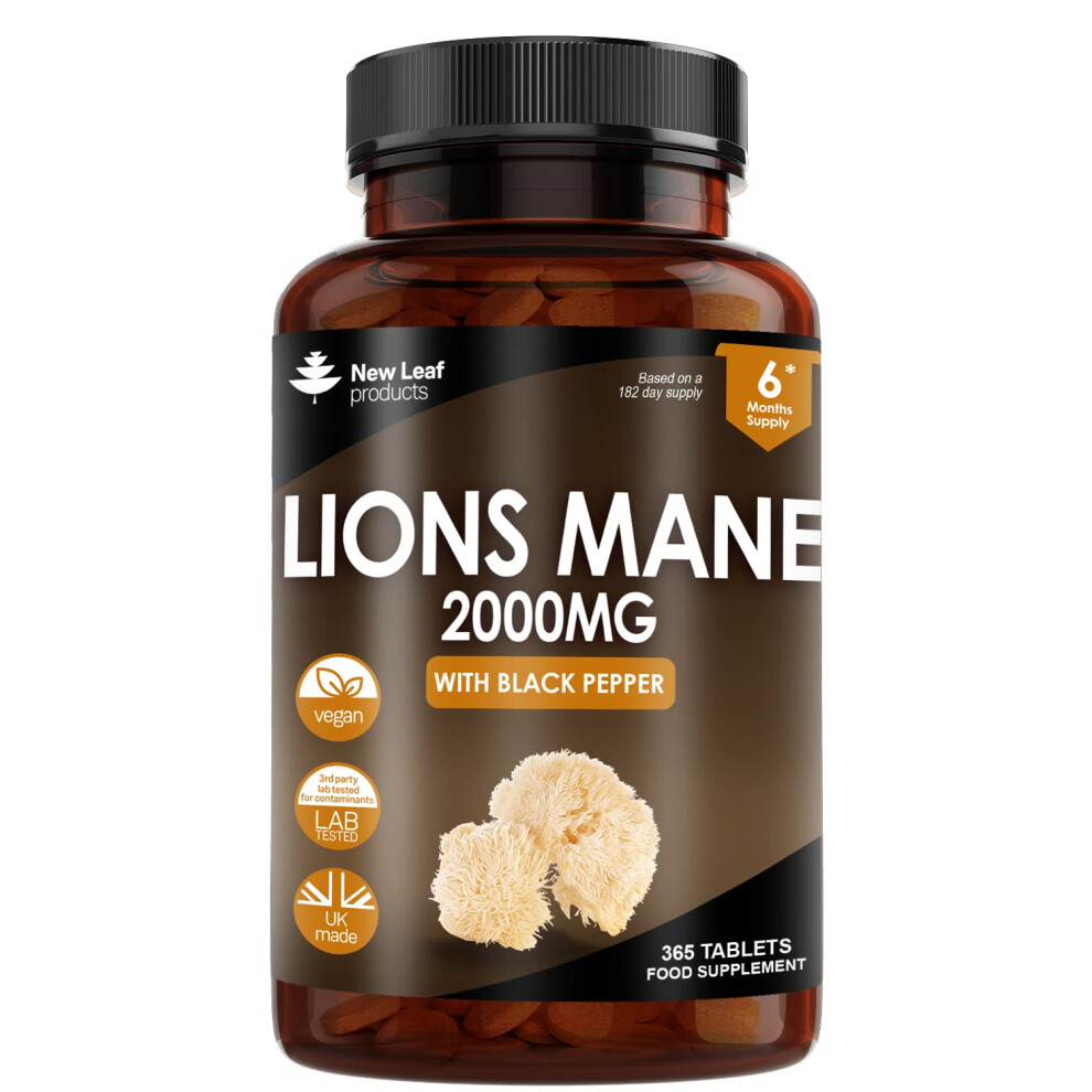 Lions Mane Mushroom 2000mg - 365 High Strength Vegan Tablets - Lion's Mane Supplement with Black Pepper - Lion's Mane