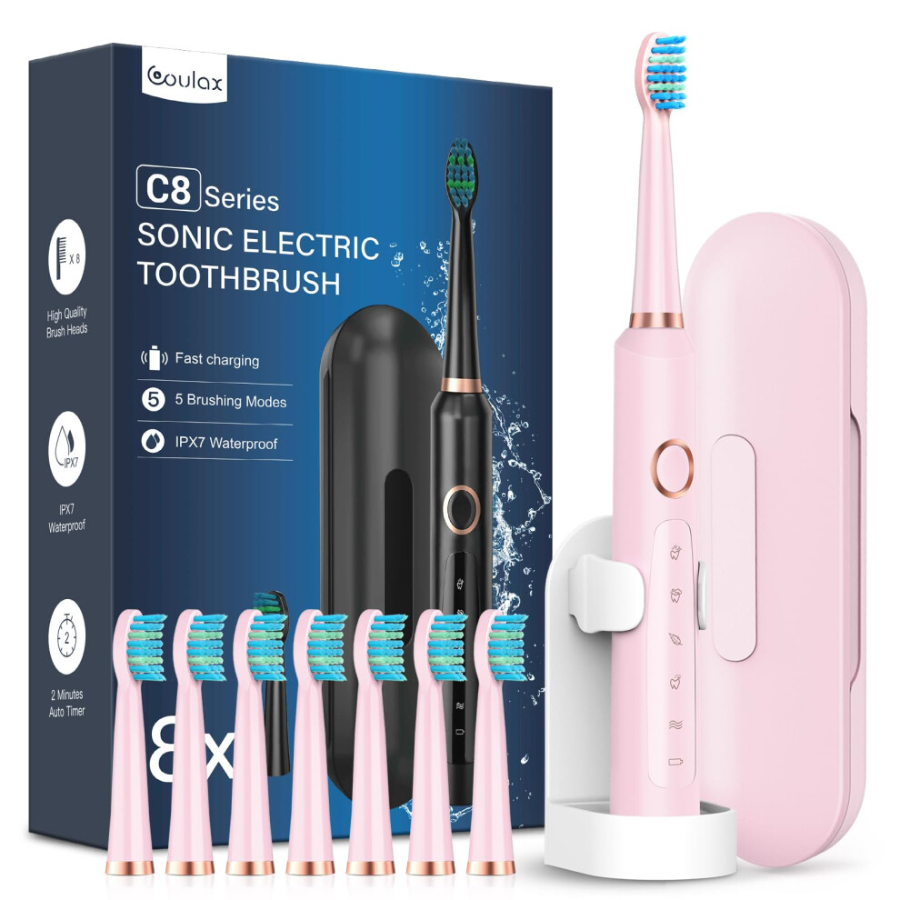 Coulax Sonic Electric Toothbrush For Adults And Kids - Electric Toothbrushes With 8 Tooth Brush Replacement Head And 5 Brushing