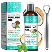 Coconut Pulling Oil (8 Fl.Oz), Mint Oil Pulling Mouthwash with Tongue Scraper - Natural, Alcohol Free Coconut Oil