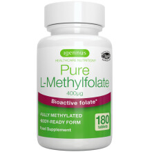 Pure Methyl Folate 400 mcg, 180 Tablets, Clean Label & Vegan, Methylated Form of Folic Acid 5-MTHF (Vitamin B9),