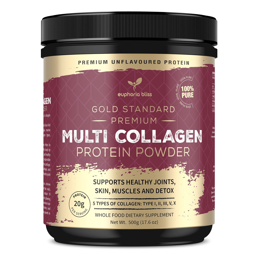 Multi Collagen Protein Powder 500G | Unflavoured | Types I, II, III, V & X, Hydrolyzed Grass Fed Bovine | Wild Caught