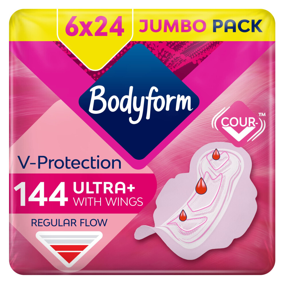 Bodyform Ultra Normal Sanitary Towels With Wings, 144 (24 X 6 Packs) Period Pads, Securefit Leakage Protection, Ultra-Breathable