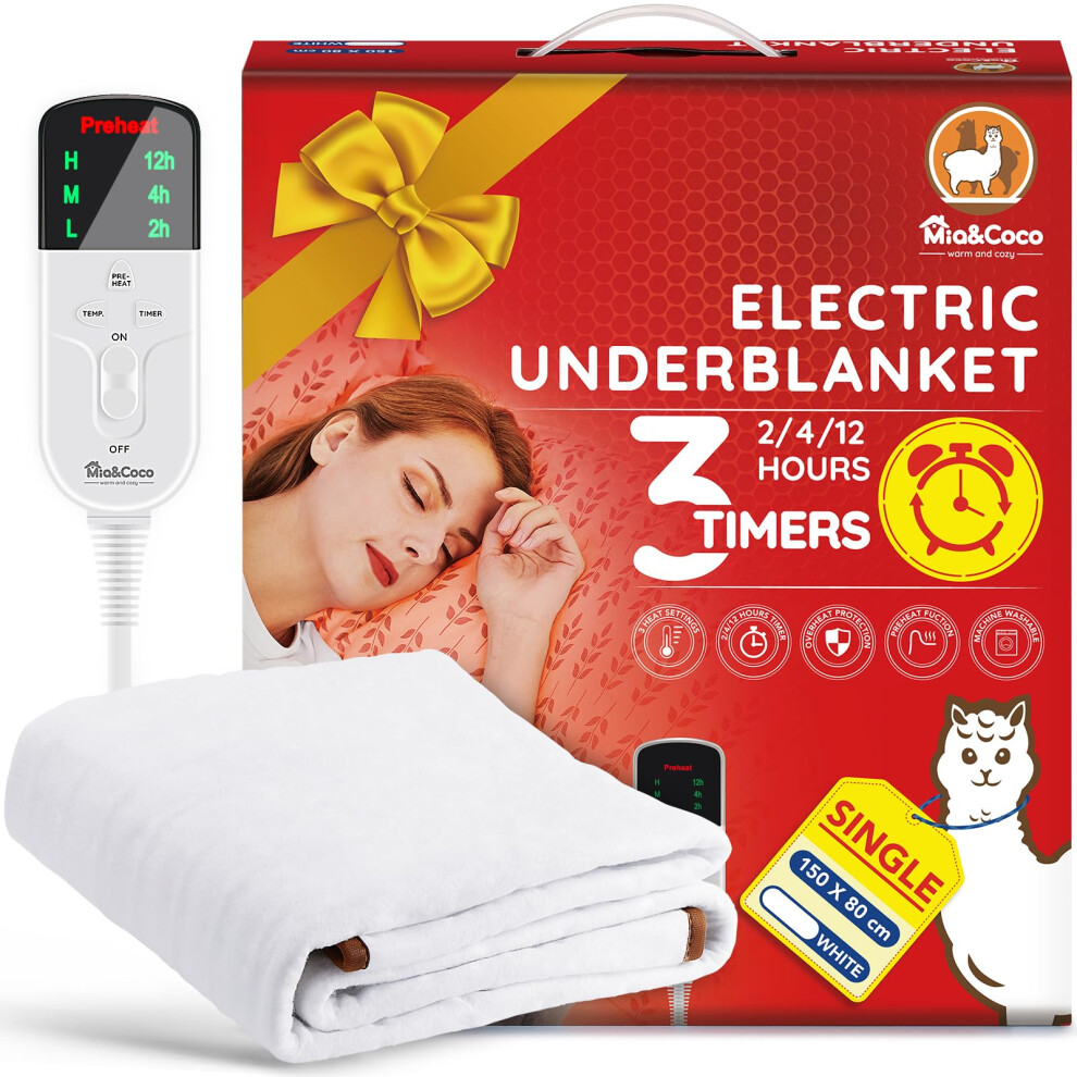 Mia&Coco Electric Heated Blanket Single, Heated Underblanket With 12Hour Timers And 3 Heat Settings, Led Display, Overheat