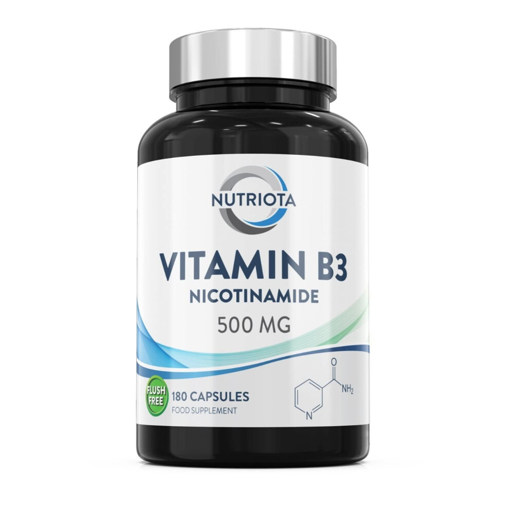 Vitamin B3 Nicotinamide 500 mg â 180 High Strength Flush-Free Niacin Capsules â Vegan-Friendly Nicotinamide Vitamin