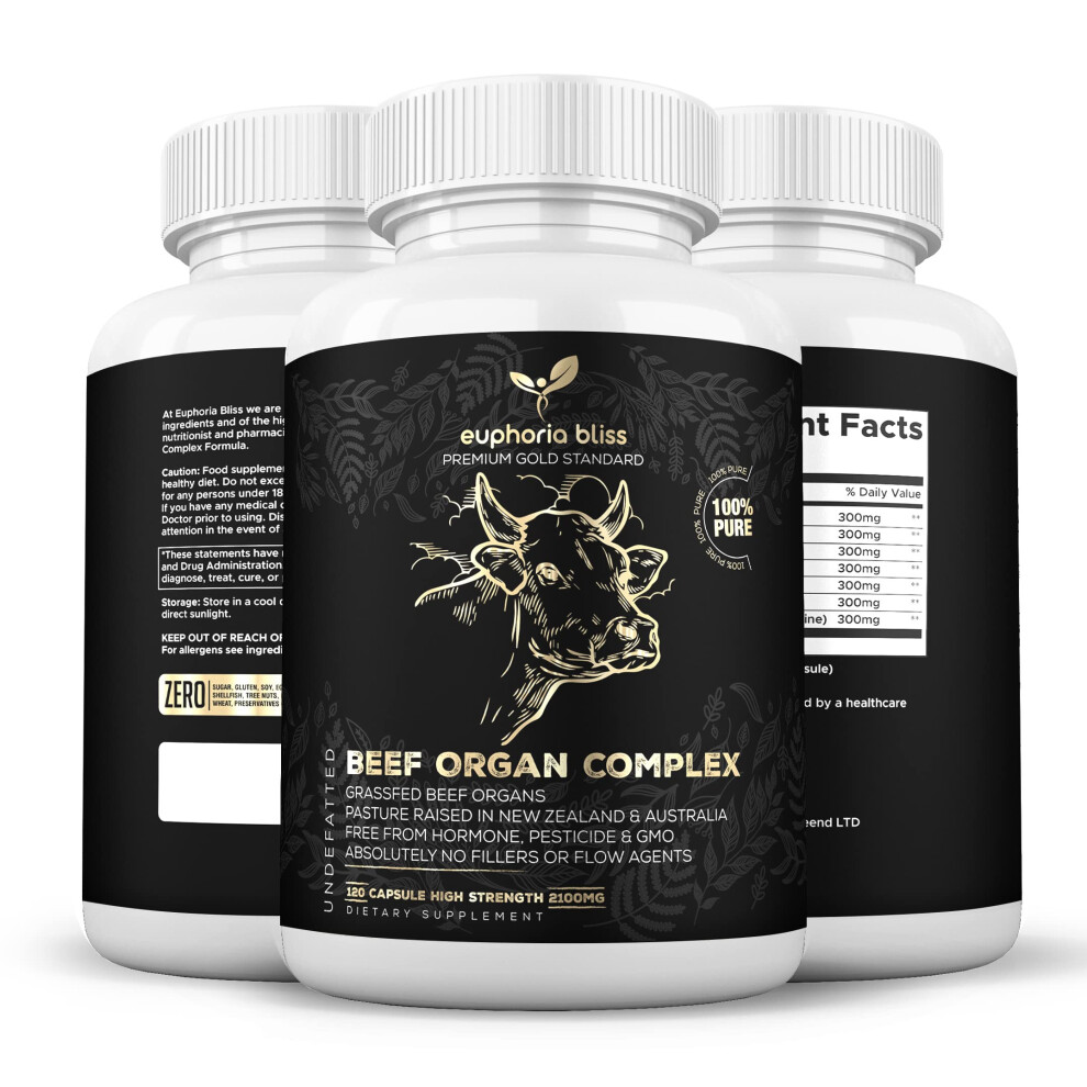 Euphoria Bliss Premium Beef Organs Complex - 120 Capsules Freeze Dried Liver | Heart | Kidney | Pancreas | Spleen | Intestine |