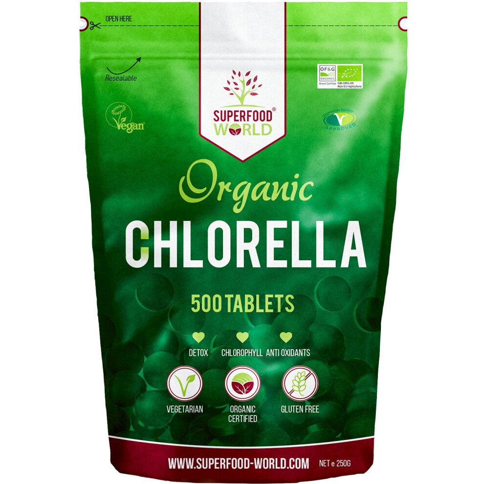 Superfood World Organic Chlorella Tablets (500 X 500Mg) Premium Detox Chlorophyll Superfood | Natural Source Of Vegan Protein, Minerals