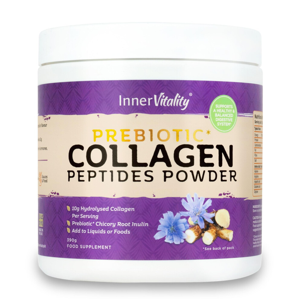 Inner Vitality Prebiotic Collagen Powder - 390G Hydrolysed Bovine Collagen Peptides With Prebiotics For Gut Health & Skin, Collagen
