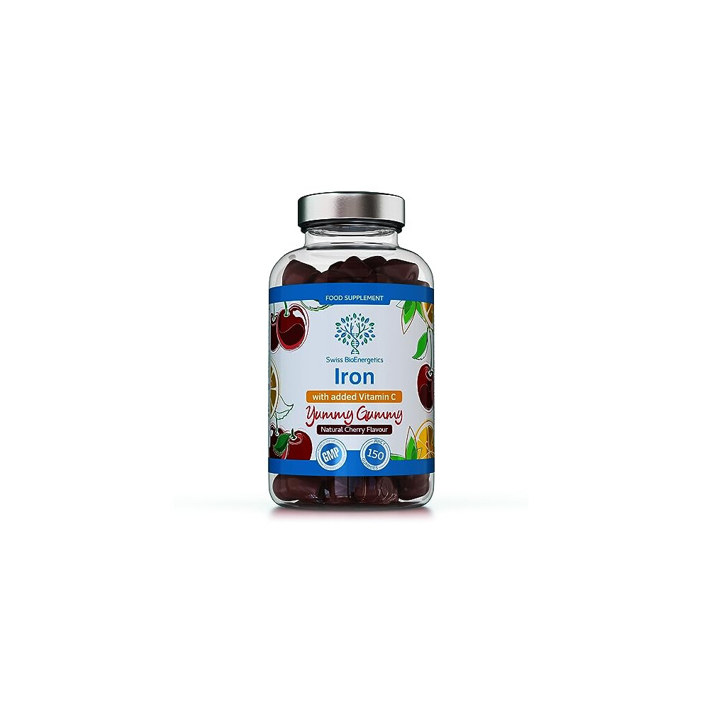 Swiss Bioenergetics Iron Gummies With Added Vitamin C - 150 Natural Cherry Flavour Chewable Yummy Gummies - 5 Month Supply - Efficient