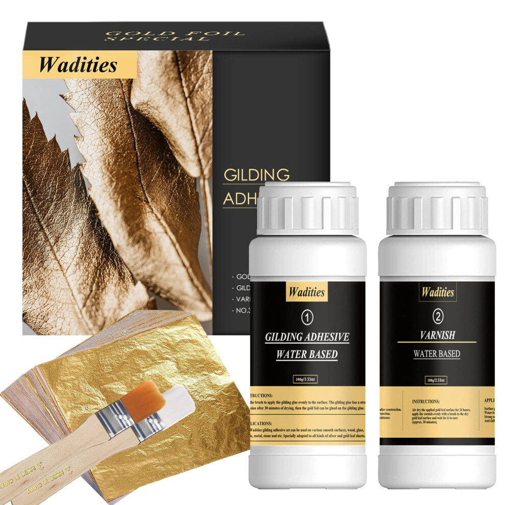 Wadities Gold Leaf Gilding Adhesive Set, 100Ml Water Based Metal Leaf Glue And 100Ml Varnish, Gold Leaf Sheets 100 Pcs, 2 Brushes
