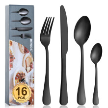 Cutlery Set, BEWOS 16 Piece Matt Black Stainless Steel Flatware Set, Silverware Tableware Set with Spoon Knife and Fork