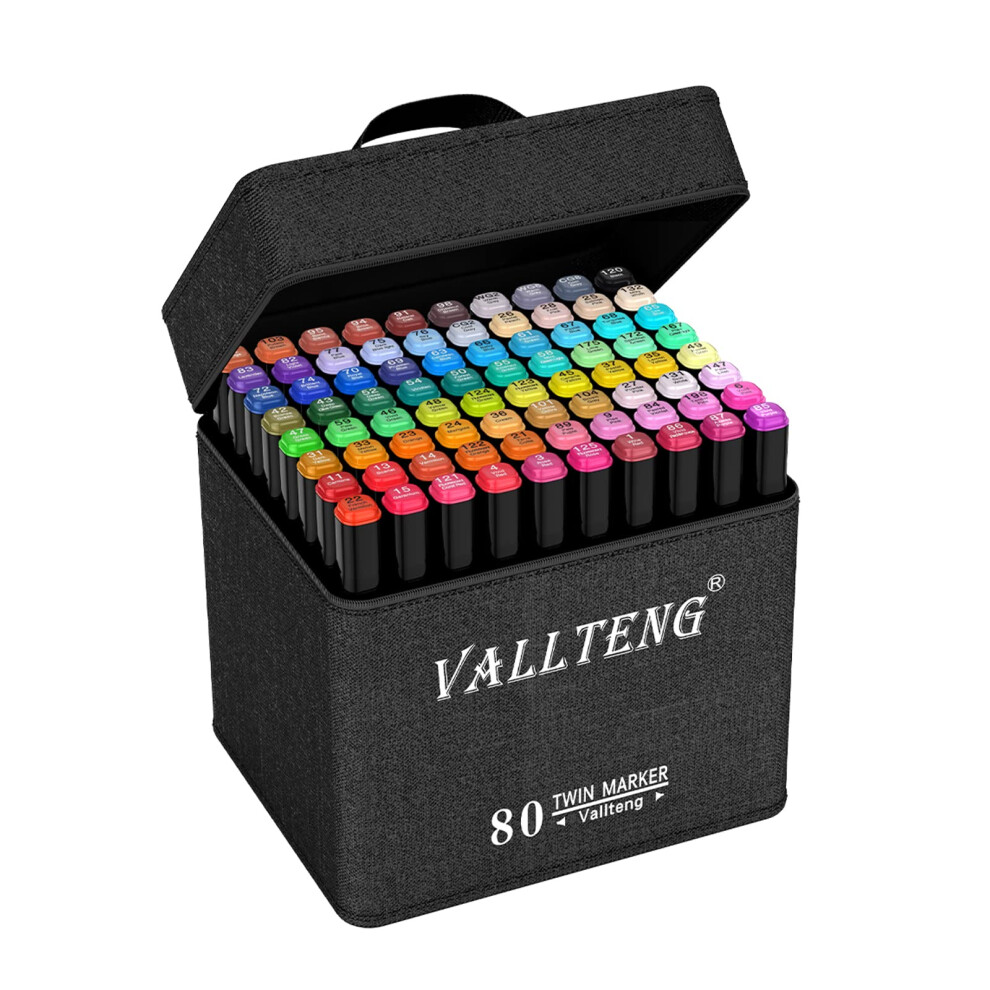 Vallteng 80 Colors Artist Necessary Graphic Marker Pen Twin Permanent Art Markers Broad Fine Point Design For Drawing Coloring