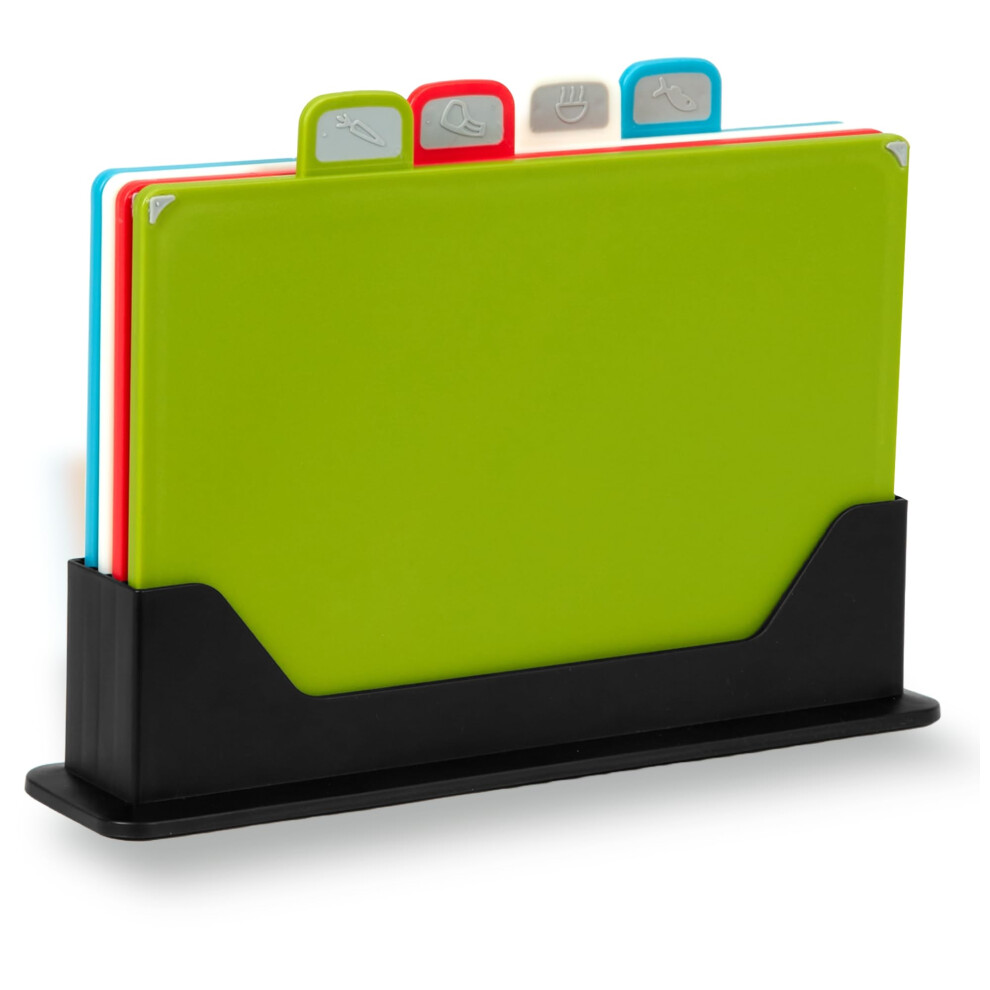 Plastic Chopping Board Set | Set of 4 Coloured Chopping Boards with Stand | Non Slip Cutting Boards | Thick Chopping