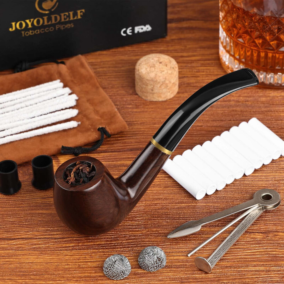 Joyoldelf Smoking Pipes, Exquisite Ebony Wood Tabacco Pipe, Tobacco Pipe Starter Kit With Pipe Cleaners, 9 Mm Pipe Filters, 3-In-1