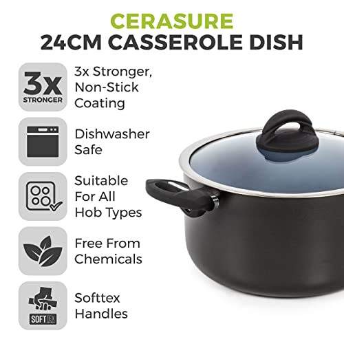 Tower T80304 Cerasure 24cm Casserole Dish with Non-Stick Coating, Suitable for all Hob Types, Graphite, Grey 1