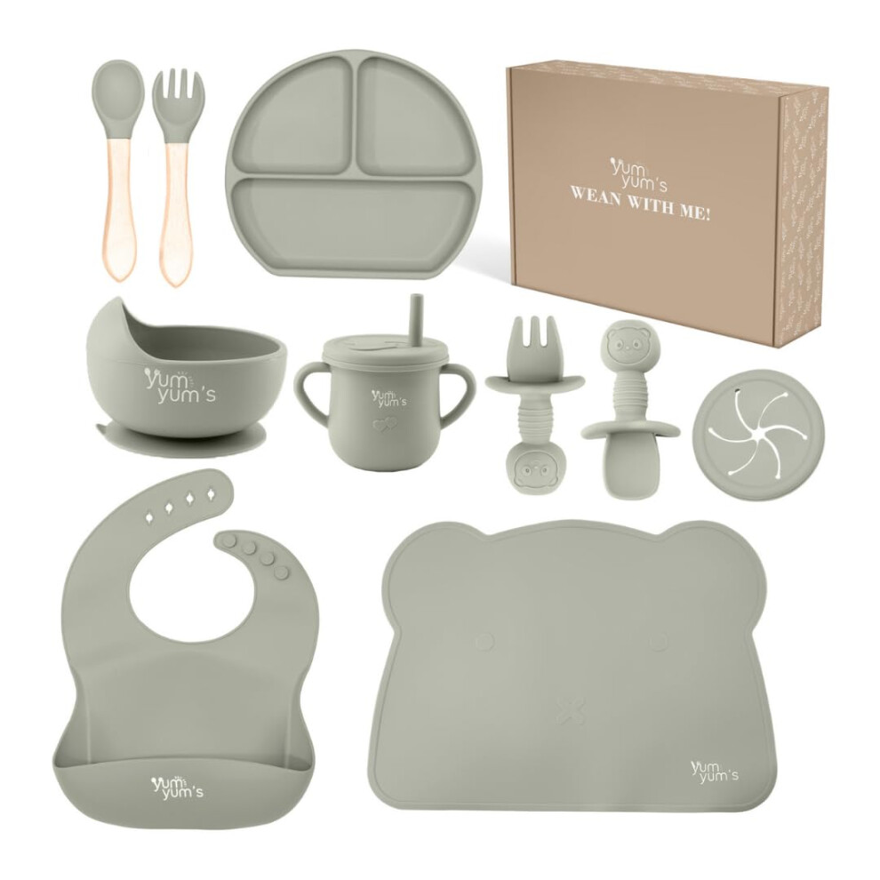 Baby Weaning Set, Silicone Baby Feeding Set Of 10 With Suction Bowl, Spoon, Fork & Cup | Weaning Set, Suction Bowl And Yum Yum's