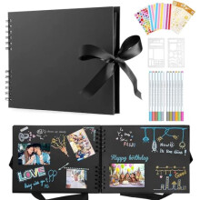 Customizable Scrapbook Photo Album with 12 Metallic Marker Pens, 40 Sheets of Black Cardboard with Sturdy Hard Cover and