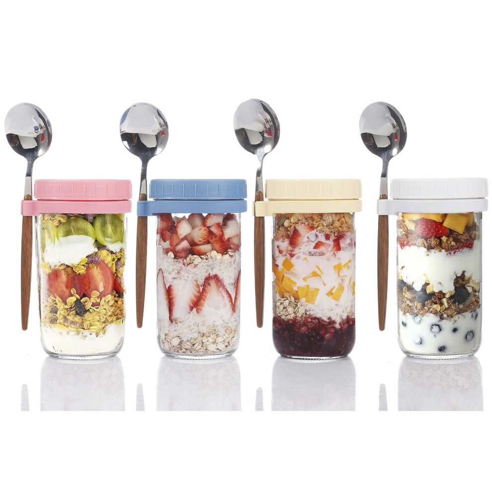 Overnight Oats Jar Container set 4, 600ml Glass Mason Jars with Lids and Spoon, Cereal Milk Vegetable Fruit Salad Jam