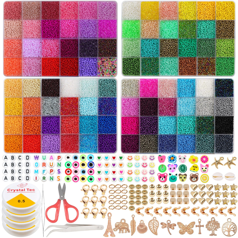 96 Colours 60000PCS 2mm Glass Seed Beads for Bracelet Making Kit, Small Beads for Jewelry Making with Letter Beads for