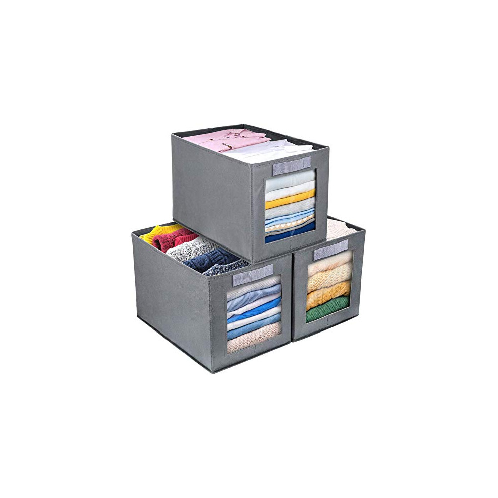 Foldable Storage Boxes with Transparent Window Fabric Collapsible Storage Bin Basket with Handle for Wardrobe, Closet,