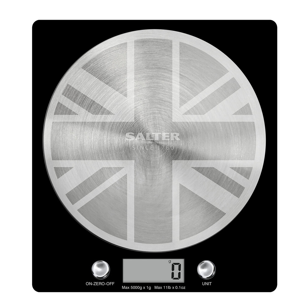 1036 UJBKDR Electronic Kitchen Scale - Digital Weigh Scale, Union Jack Design Spun Stainless Steel Disc Platform, LCD