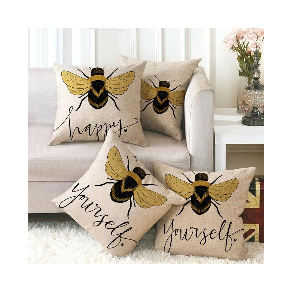 Bee Cushions Cover Outdoor Waterproof Cushions Yellow Bee Pillow Covers Set of 4 Home Decorative for Sofa Linen Square
