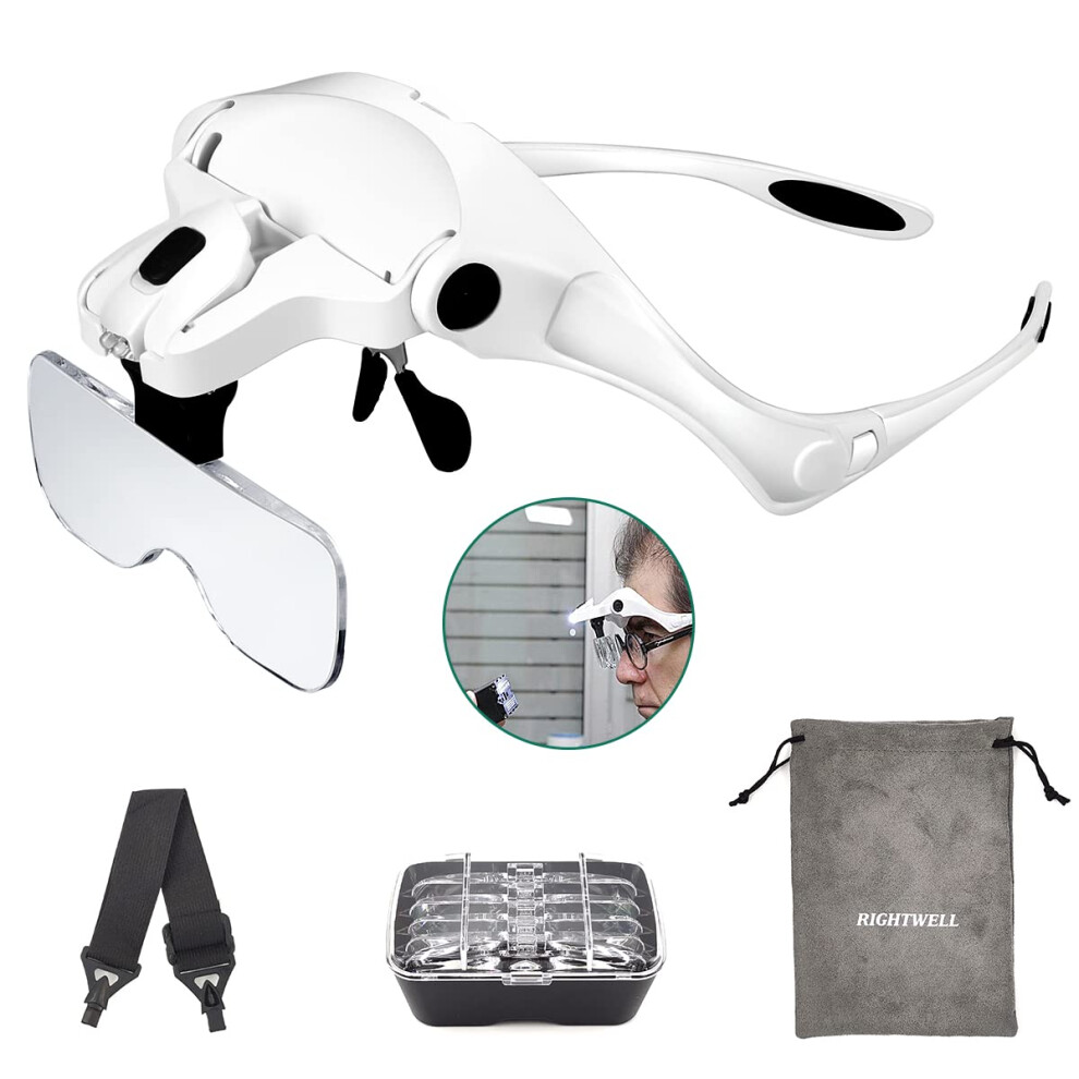 RIGHTWELL Head Magnifier with Headband - LED Magnifying Glasses with 1X to 3.5X Zoom Hands Free for Hobbies, Reading,