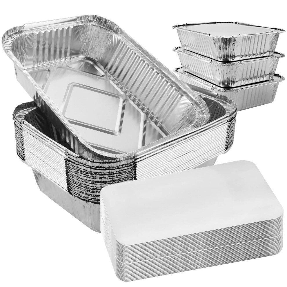 50PCS Disposable Aluminium Large Foil Trays with Lids, 26x19x6cm Tin Foil Trays for BBQ, Roasting, Baking, Cooking,