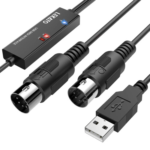 MIDI Cable, USB MIDI Adapter With Indicator Light 5 Pin MIDI Interface 6.5Ft MIDI In-Out Converter Keyboard to