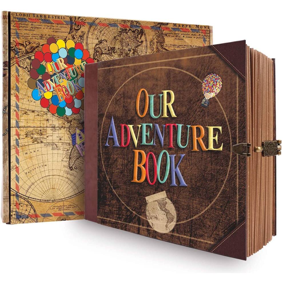 Our Adventure Book Scrapbook Photo Album, 146 Pages 8.9 * 7.7 Inch Retro Style Embossed Letter Cover Travel Journal