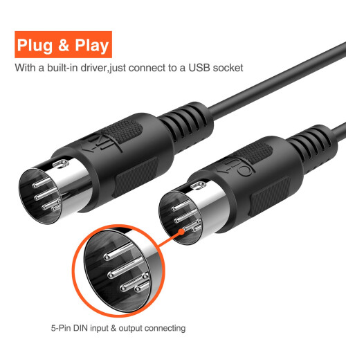 MIDI Cable, USB MIDI Adapter With Indicator Light 5 Pin MIDI Interface 6.5Ft MIDI In-Out Converter Keyboard to 2