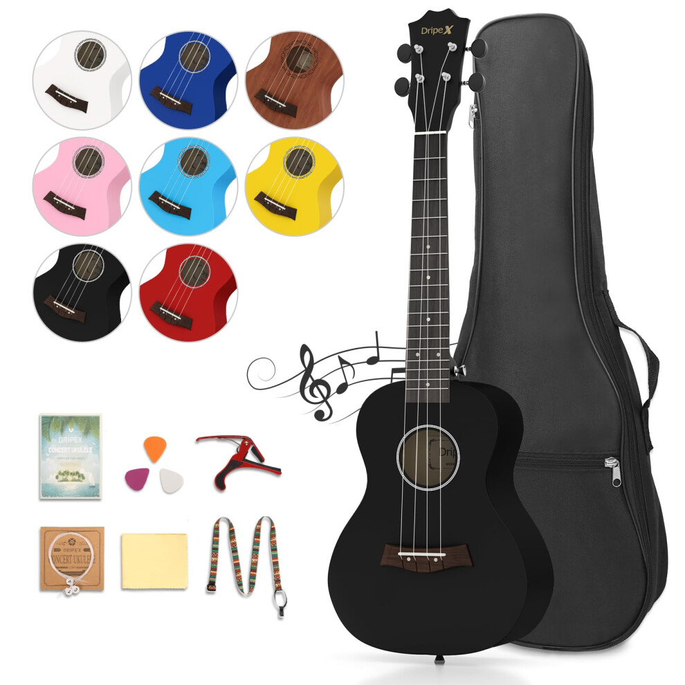 Black Concert Ukulele 23 Inch Ukulele with Beginner Kit (Ukulele Bag, Strap, Capo, Clean Cloth, Spare String, Ukulele