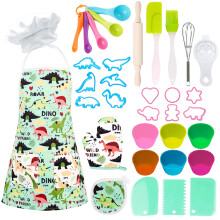 Kids Baking Chef Set 35 Pcs with Dinosaur Apron, Baking Kit Cooking Chef Dress Up Role Play Toys for Boys Girls Children