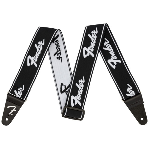 Fender WeighLess Running Logo Guitar Strap, 2in, Black/White