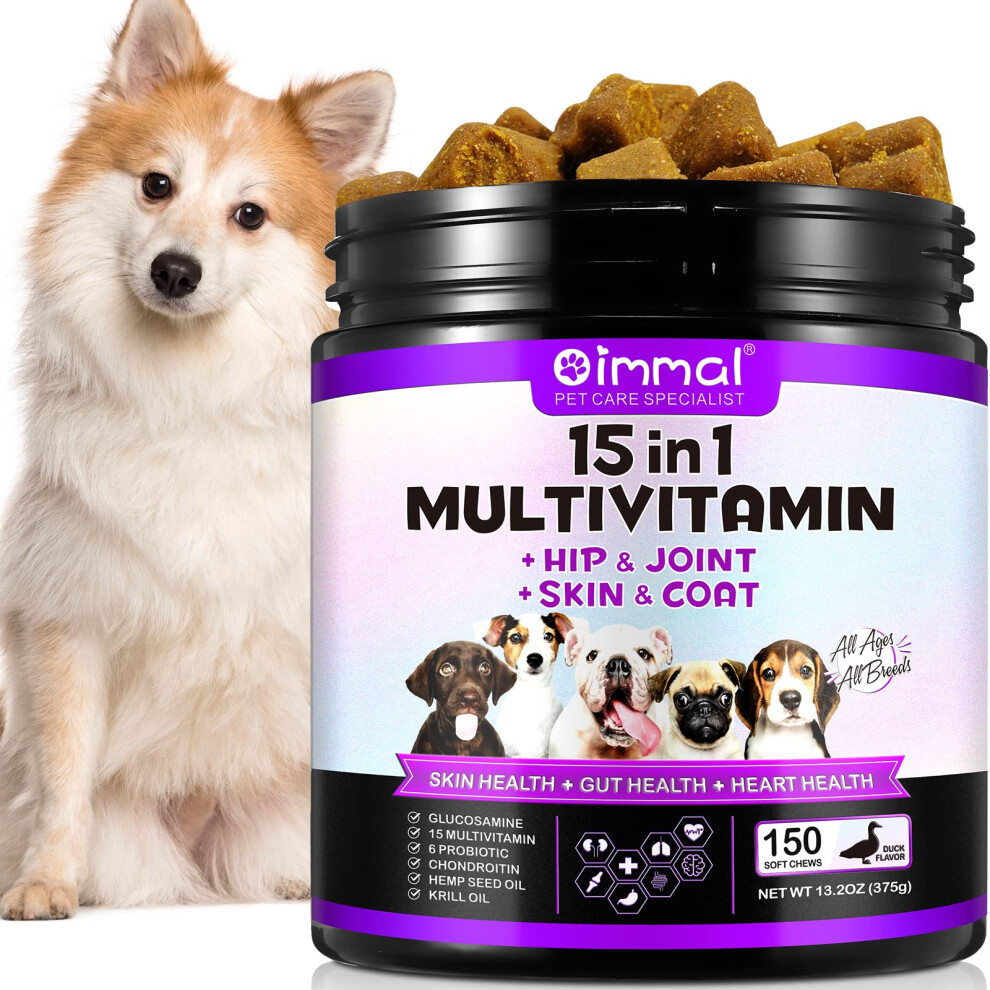 15 in 1 Dog Multivitamin Treats, 150 Chews Vitamins Supplements for Dogs, Hip & Joint Supplements, Immune System, Skin &