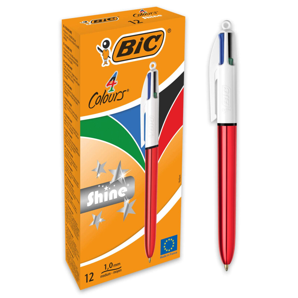 4 Colours Shine Ballpoint Pens Medium Point (1.0 mm) - Metallic Red Barrel, Box of 12