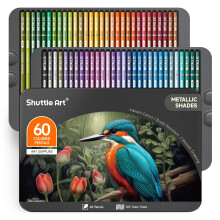 60 Metallic Colours Colouring Pencils Set, Professional Coloured Pencil with Metal Box, Soft Core Colour Pencils,