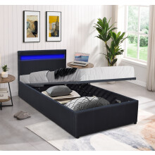 (Black, 3ft Single) Faux Leather Gas Lift Ottoman Bed Frame With LED 3ft 4ft 4ft6 5ft