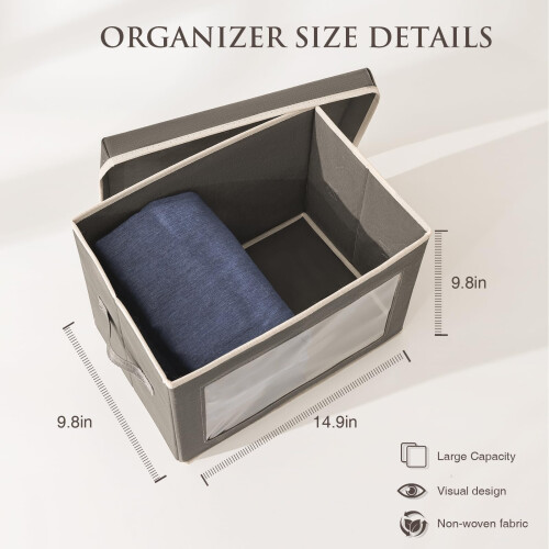 3 Pack Storage Boxes with Lids Foldable - Wardrobe Organiser Storage Cubes with Transparent Window Fabric Storage 1