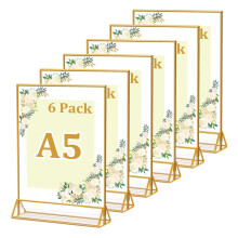 6-Pack A5 Acrylic Sign Holders with Gold Border - Double-Sided Table Menu Displays for Wedding & Restaurant