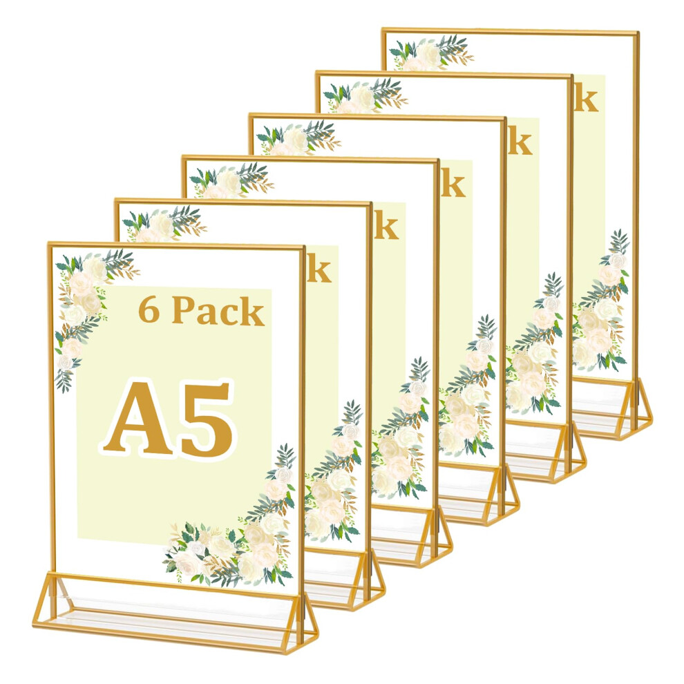 6 Pack A5 Acrylic Sign Holder with Gold Border, A5 Display Stand for Table Menu, A5 Gold Menu Holders for Wedding,