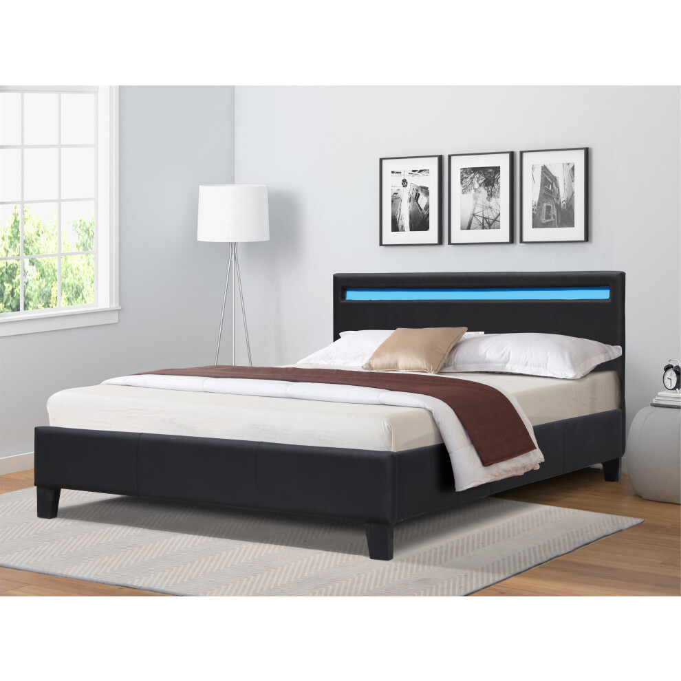 (Black, 4ft Small Double) Faux Leather Gas Lift Ottoman Bed Frame With LED 3ft 4ft 4ft6 5ft