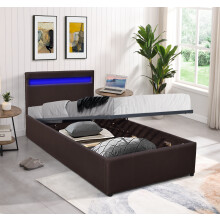 (Brown, 3ft Single) Faux Leather Gas Lift Ottoman Bed Frame With LED 3ft 4ft 4ft6 5ft