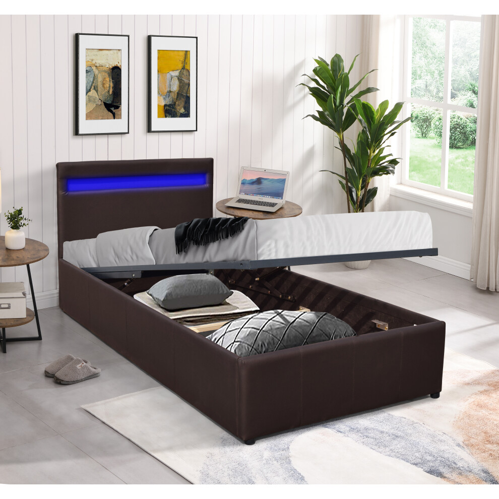 (Brown, 3ft Single) Faux Leather Gas Lift Ottoman Bed Frame With LED 3ft 4ft 4ft6 5ft