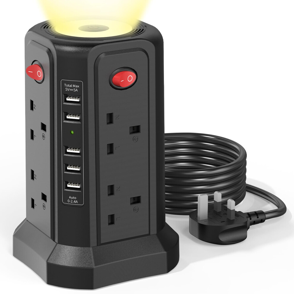 Tower Extension Lead with USB Slots and Night Light, (13A 3250W)5 USB Ports & 8 Way Socket Extension Tower, Surge